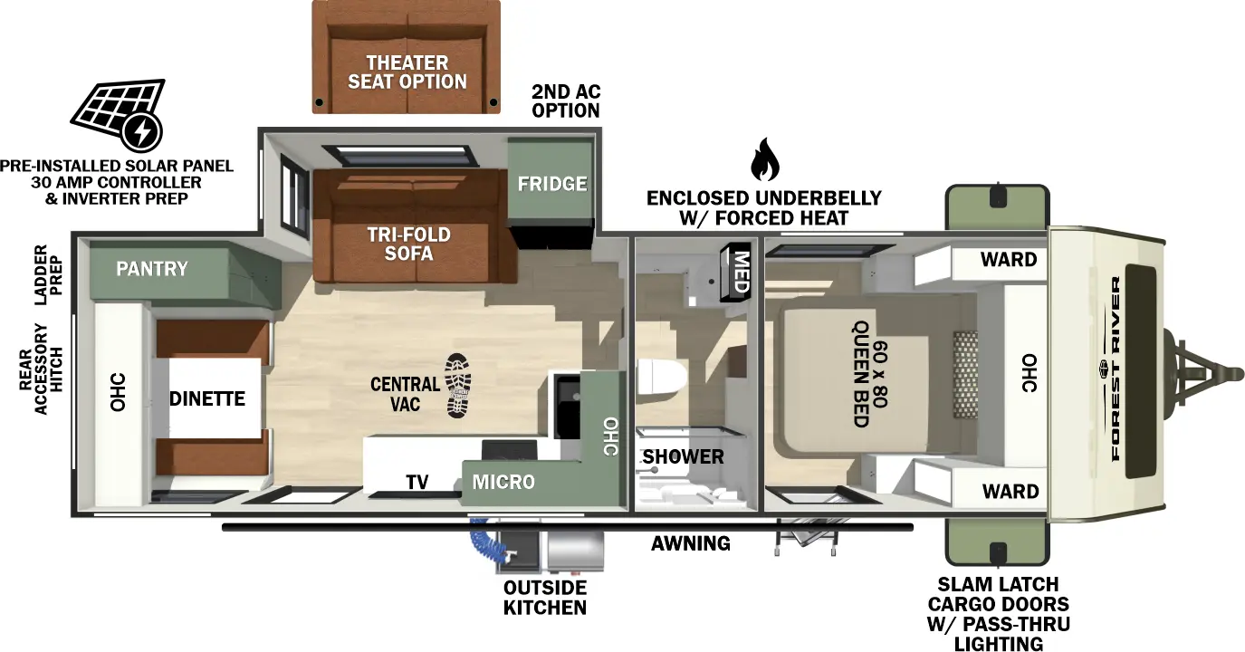 The No Boundaries NB20.7 floorplan has two entries and one slide out. Exterior features include: fiberglass exterior, 19' awning and outside kitchen. Interiors features include: front bedroom and pass through bathroom.